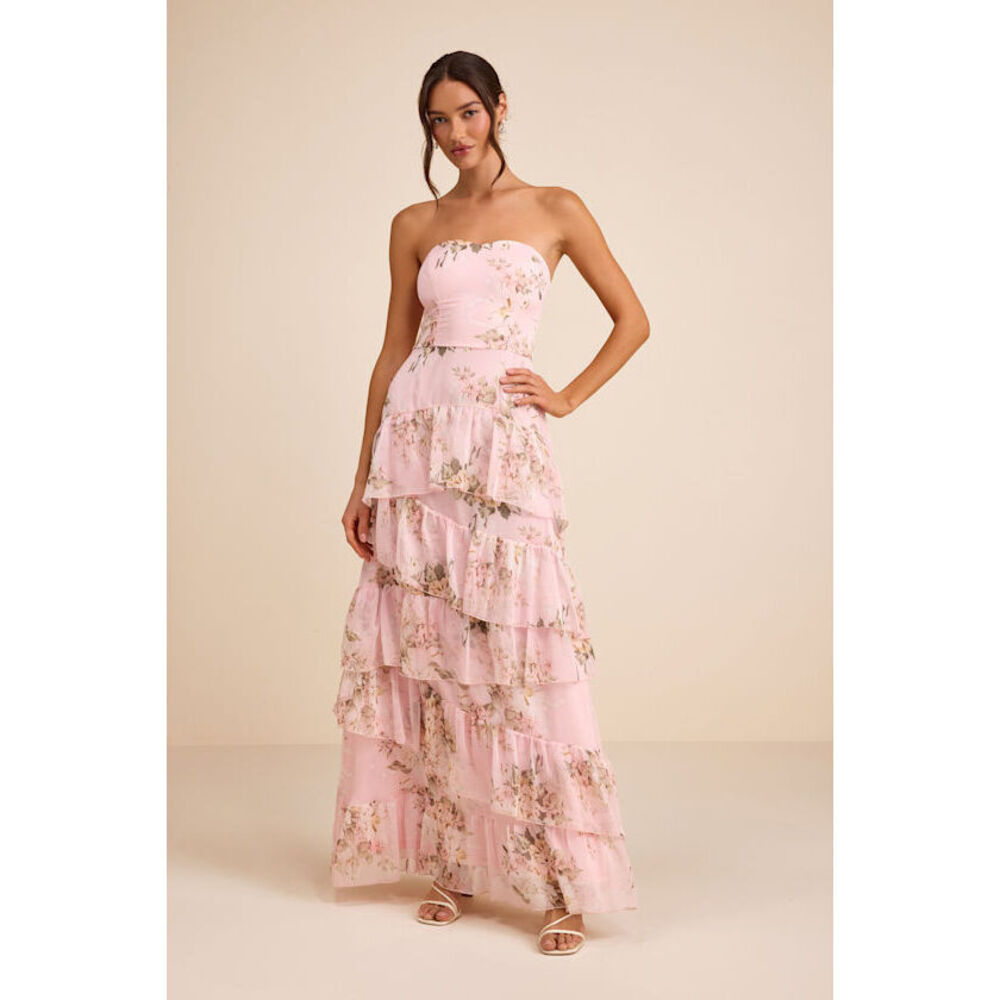 NWT Lulus Niyati Blush Floral Strapless Tiered Maxi Dress Pink - Size L